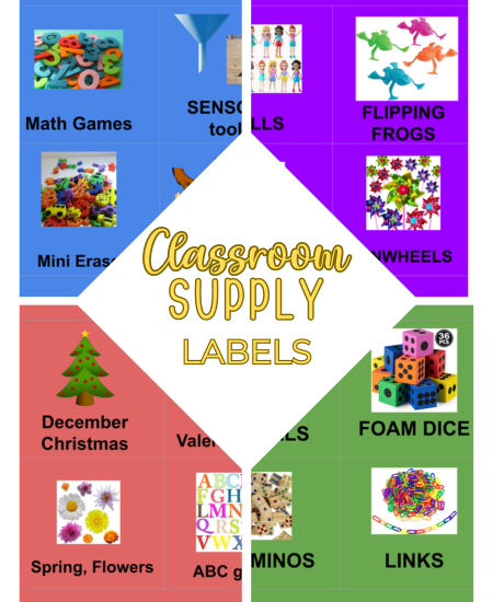 Supply Bin Labels with Colorful Backgrounds